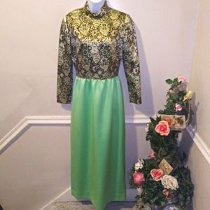 Vintage One-Of-A-Kind Handsewn Black Gold/Mint Lame´ Bodice Long Cocktail Dress